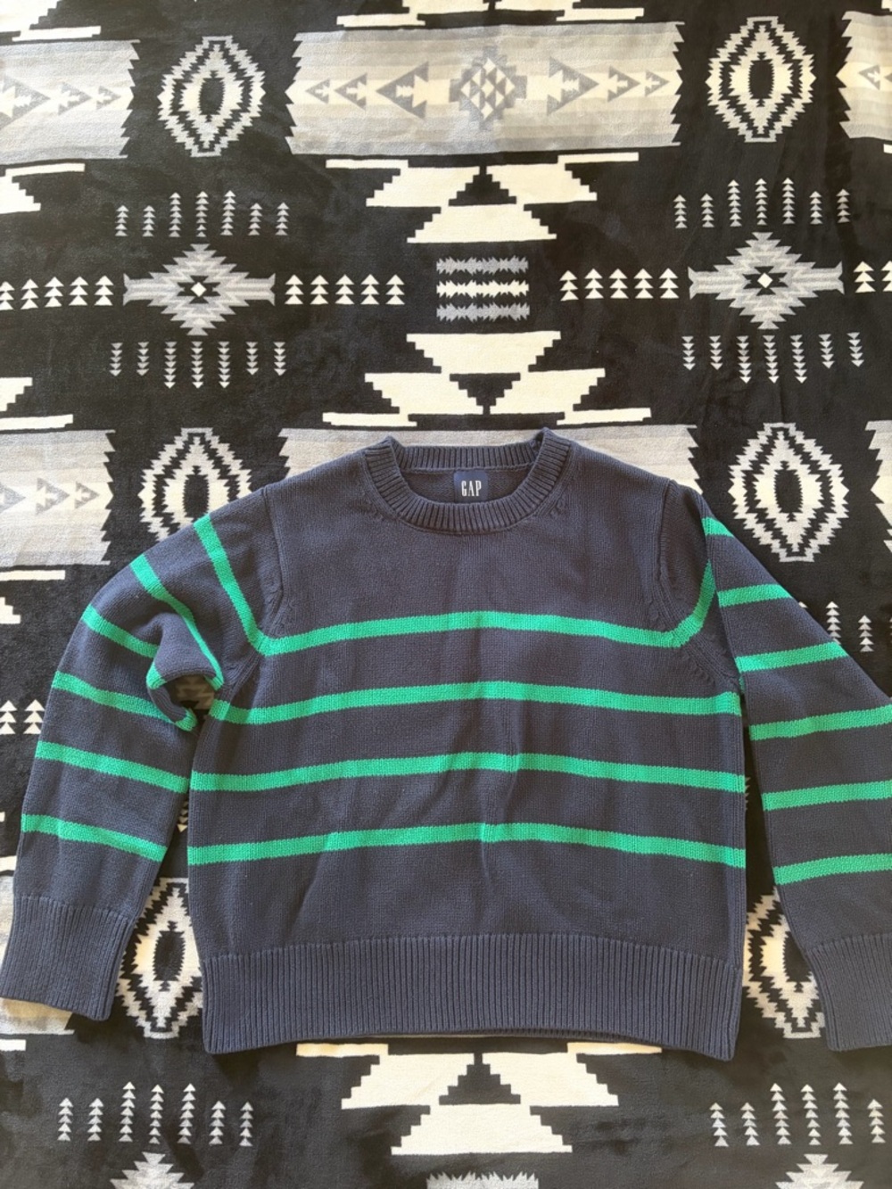 GAP Navy Crewneck Sweater with Green Stripes